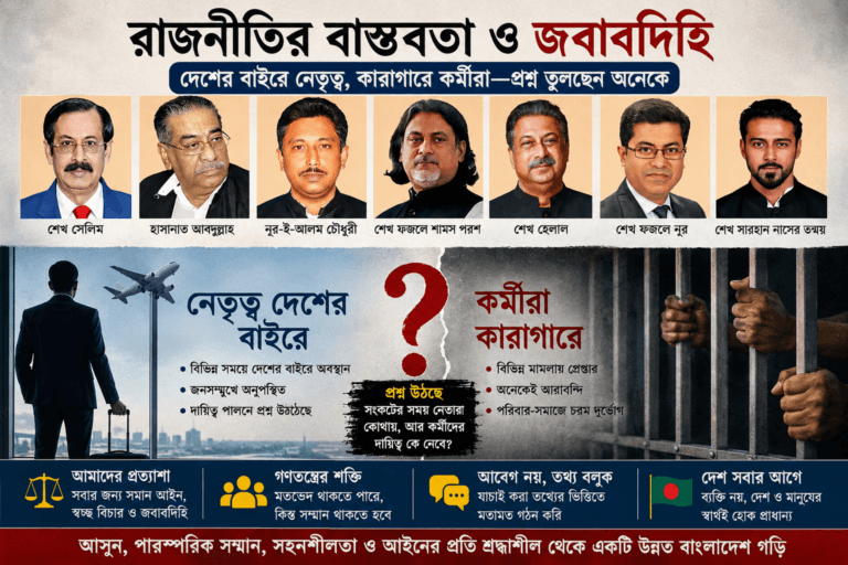 রাজনীতির বাস্তবতা ও জবাবদিহি: দেশের বাইরে নেতৃত্ব, কারাগারে কর্মীরা—প্রশ্ন তুলছেন অনেকে